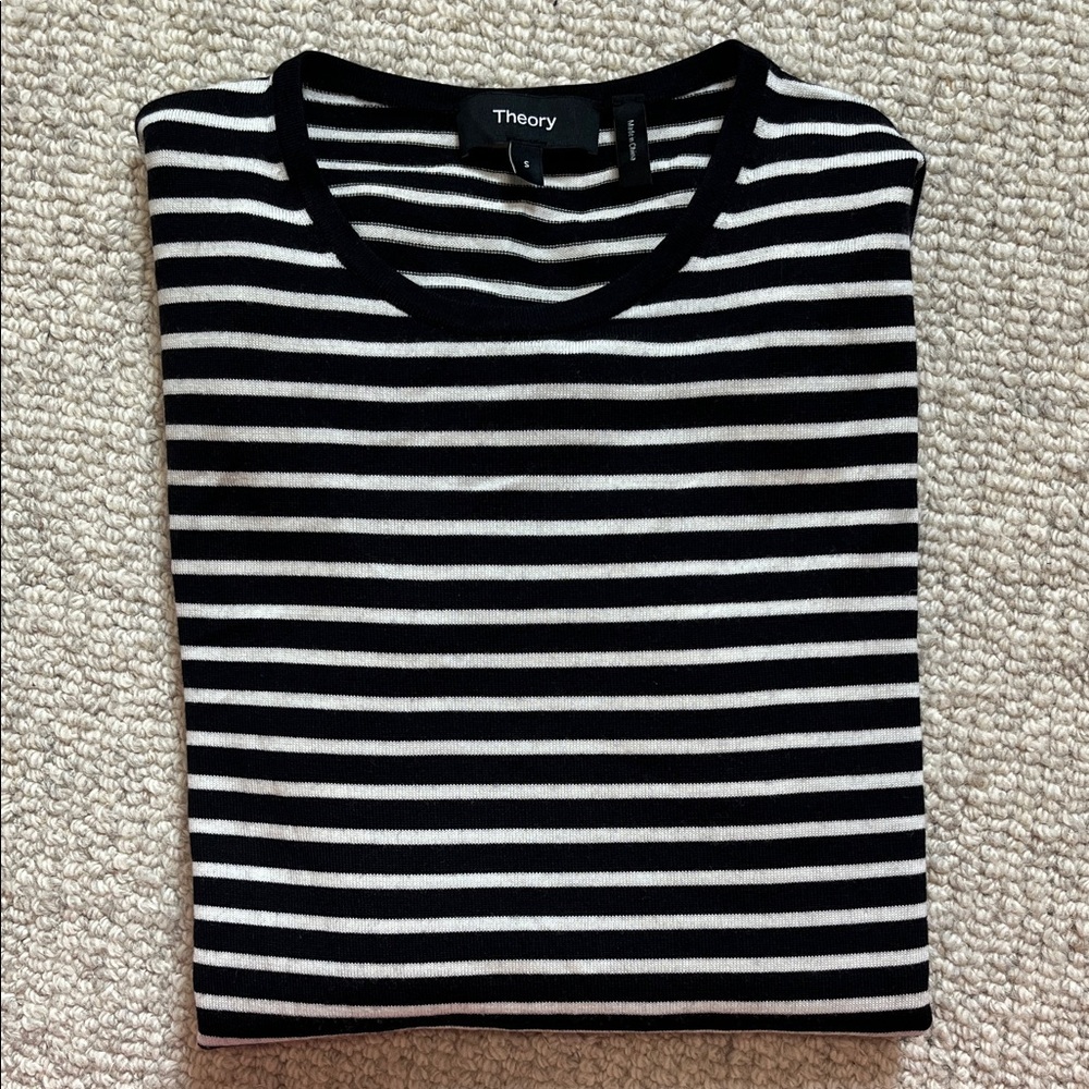 Theory Regal Wool crewneck Striped Navy/white 3/4 sleeve Sweater Top NWOT